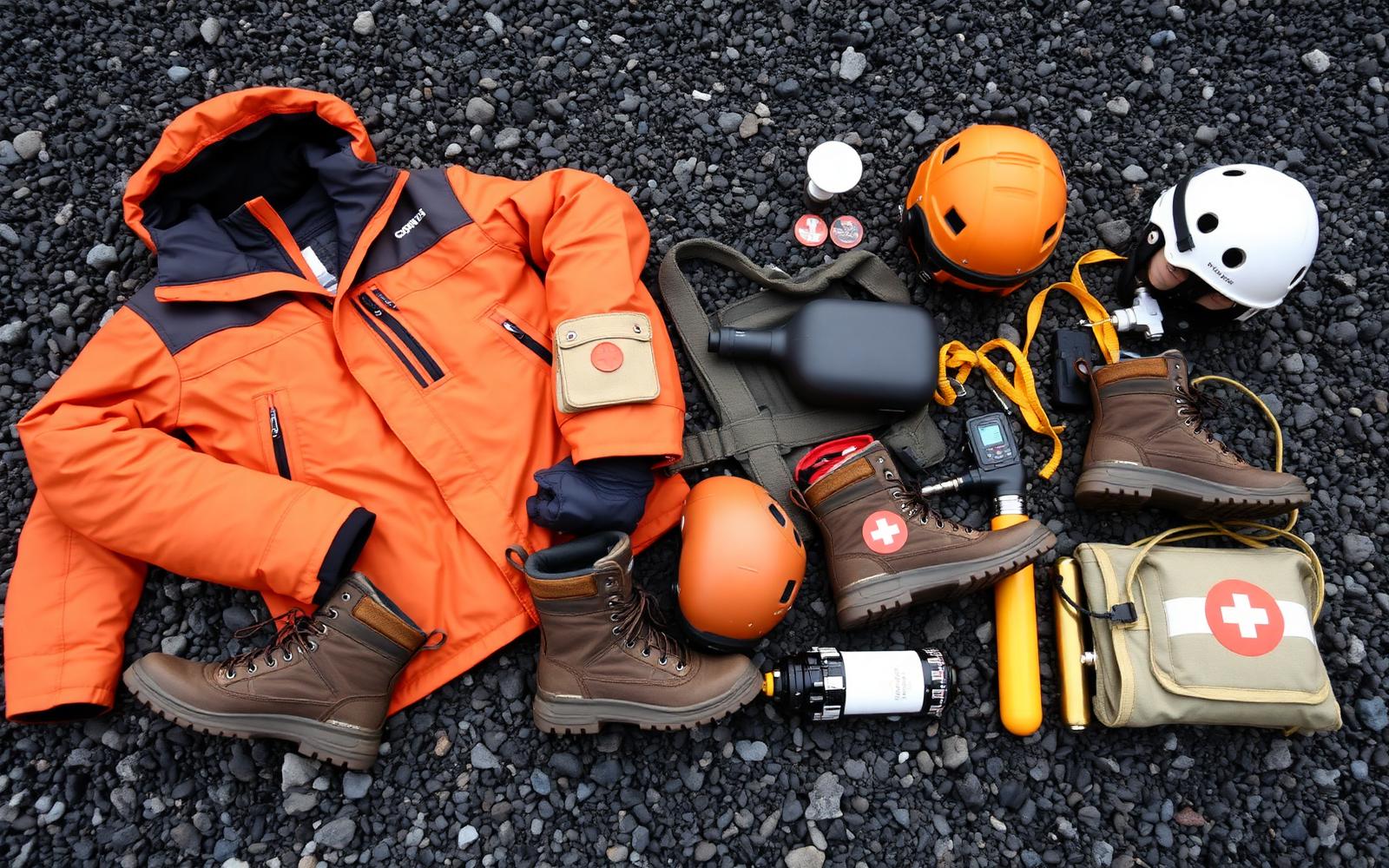 Expedition cold-weather clothing and safety equipment laid out on Icelandic basalt gravel