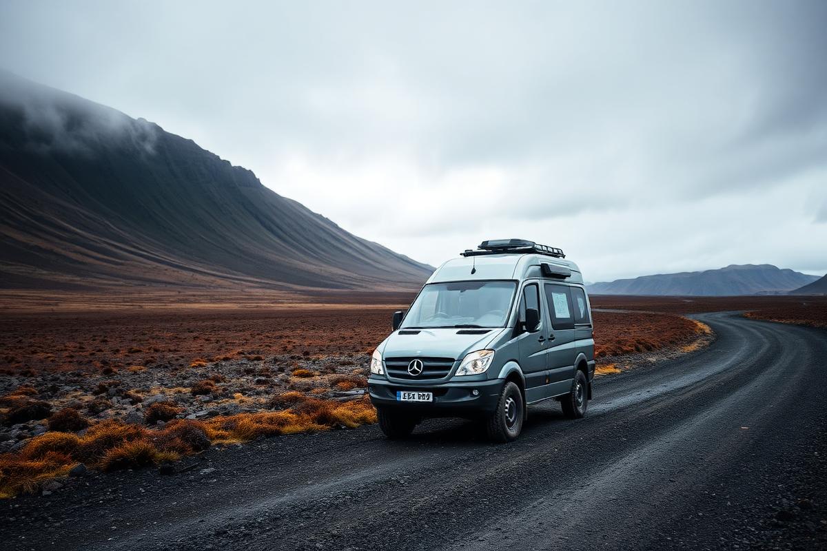 A 4x4 camper van on a remote Icelandic highland gravel track