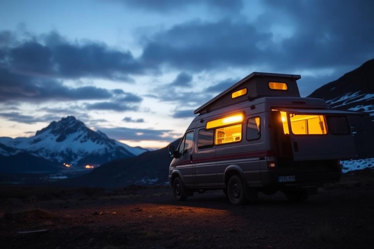A camper van basecamp at dusk beneath Icelandic mountains