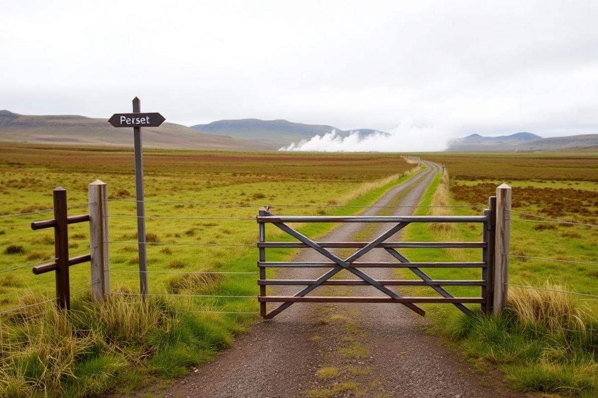 A farm gate across a track leading toward a steaming geothermal field