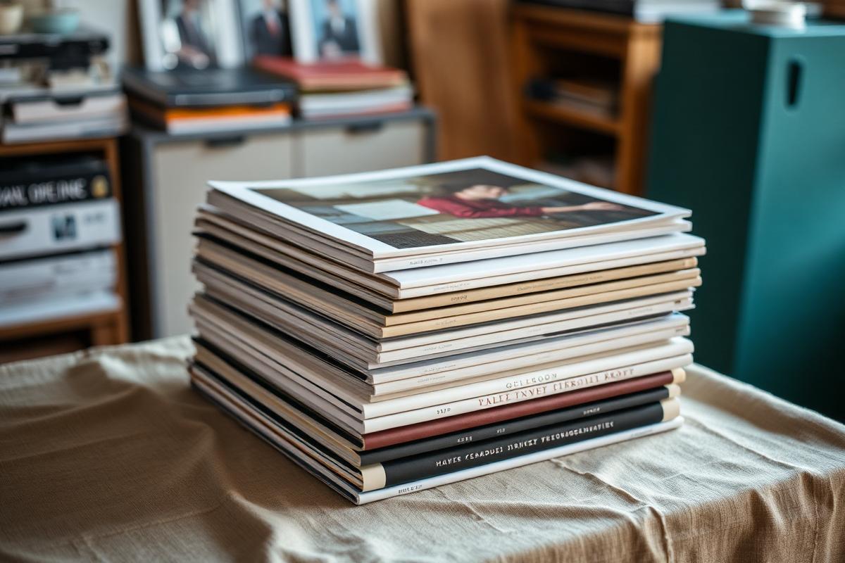 A stack of printed photography books on a linen surface